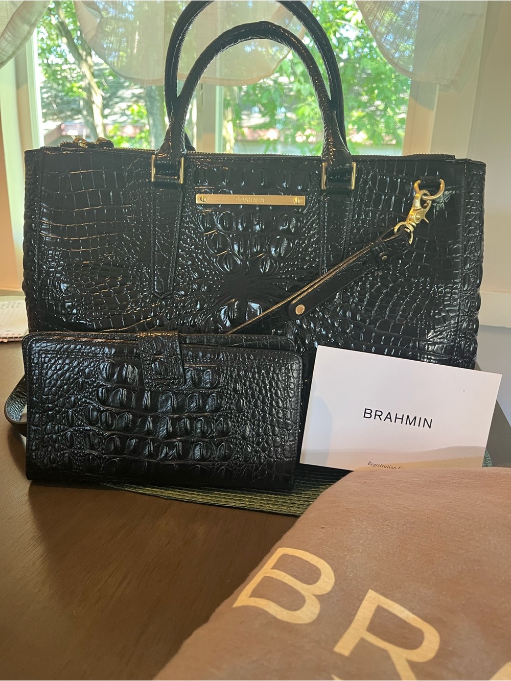 Brahmin Lincoln Large Black Crocodile Embossed Leather w/Matching Wallet